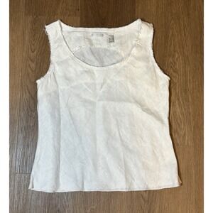 Women's White Linen Blend Sleeveless Tank Top Frayed Edges Size Small